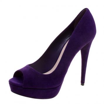 Pre Owned Miu Miu Purple Suede Peep Toe Platform Pumps Size 36.5