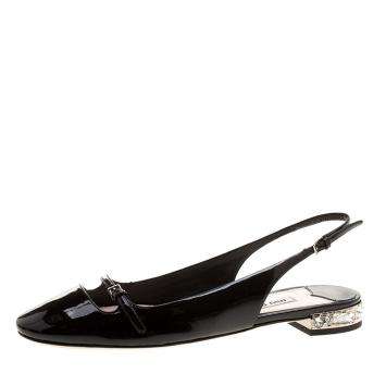 Pre Owned Miu Miu Black Patent Leather Slingback Crystal Embellished Mary Jane Flats Size 38.5