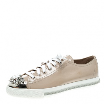 Pre Owned Miu Miu Beige Patent Leather Crystal Studded Cap Toe Sneakers Size 38