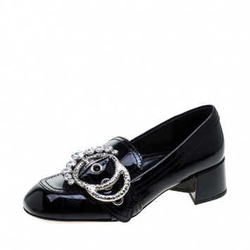 Pre Owned Miu Miu Black Patent Leather Crystal Embellished Buckle Loafer Pumps Size 34