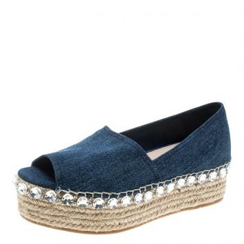 Pre Owned Miu Miu Indigo Dark Wash Denim Crystal Embellished Peep Toe Platform Espadrilles Size 39