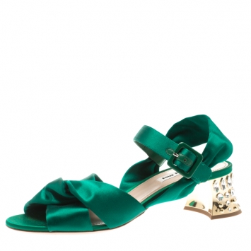 Pre Owned Miu Miu Green Satin Swarovski Crystal Embellished Heel Ankle Strap Sandals Size 40