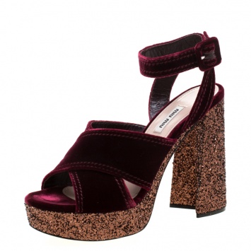 Pre Owned Miu Miu Burgundy Velvet Cross Strap Glitter Platform Ankle Strap Sandals Size 39.5