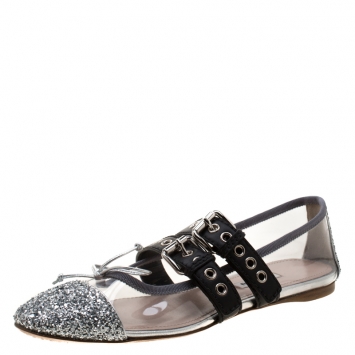 Pre Owned Miu Miu Metallic Silver Glitter And PVC Bow Buckle Detail Strappy Ballet Flat Sandals Size 38