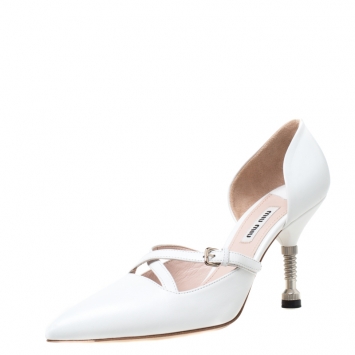Pre Owned Miu Miu White Leather Pointed Toe Metal Heel D'Orsay Pumps Size 36.5