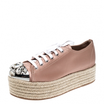 Pre Owned Miu Miu Nude Pink Embellished Metal Trim Satin Espadrille Platform Sneakers Size 37.5