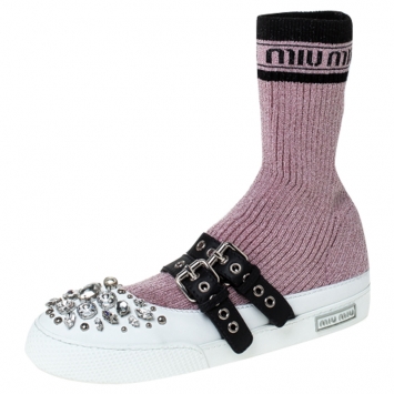 Pre Owned Miu Miu Pink Fabric And White Leather Embellished Buckle Detail Sock Sneakers Size 40