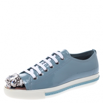 Pre Owned Miu Miu Blue Patent Leather Crystal Embellished Cap Toe Lace Up Sneakers Size 36.5