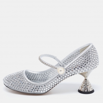 Pre Owned Miu Miu Silver Mesh And Leather Embellished Mary Jane Pumps  Size 40