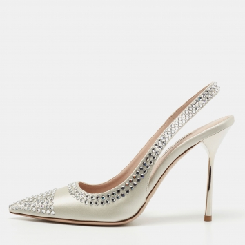 Pre Owned Miu Miu Grey Satin Crystal Embellished Slingback Pumps Size 38