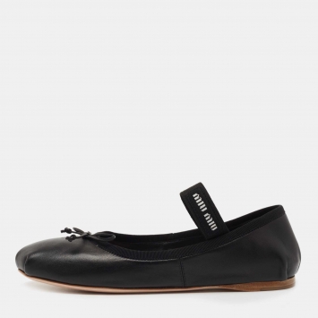 Pre Owned Miu Miu Black Leather Mary Jane Bow Ballet Flats Size 37.5