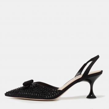 Pre Owned Miu Miu Black Crystal Embellished Satin Bow Slingback Pumps Size 37.5
