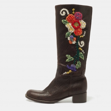 Pre Owned Miu Miu Brown Leather Floral Embroidered Riding Knee Length Boots Size 40