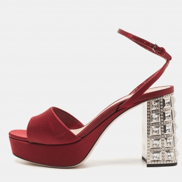 Pre Owned Miu Miu Burgundy Satin Crystal Heel Ankle Strap Sandals Size 39.5