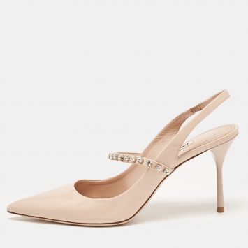 Pre Owned Miu Miu Beige Patent Leather Crystal Embellished Slingback Pumps Size 39