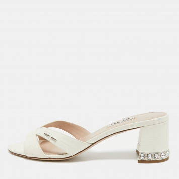 Pre Owned Miu Miu Off White Embossed Croc Crystal Embellished Heel Slide Sandals Size 40
