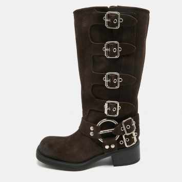 Pre Owned Miu Miu Brown Suede Mid Calf Length Moto Boots Size 37