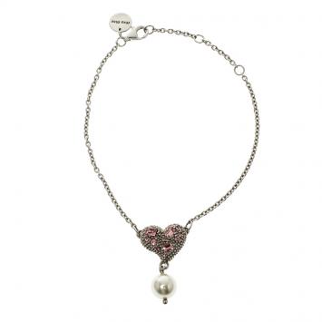 Pre Owned Miu Miu Crystal Faux Pearl Heart Silver Chain Bracelet