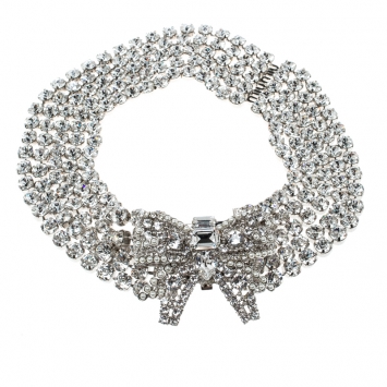 Pre Owned Miu Miu Crystal Studded Silver Tone Statement Bow Necklace 