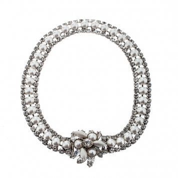Pre Owned Miu Miu Crystal Faux Pearl Studded Silver Tone Flower Collar Necklace