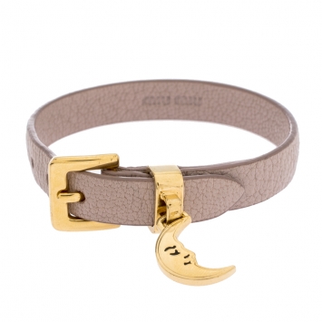 Pre Owned Miu Miu Dusty Pink Leather Gold Tone Crescent Moon Charm Bracelet
