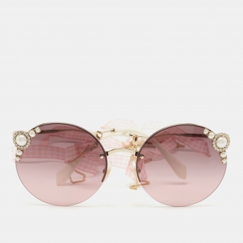 Pre Owned Miu Miu Pink SMU52T Manière Pearl Embellished Round Sunglasses