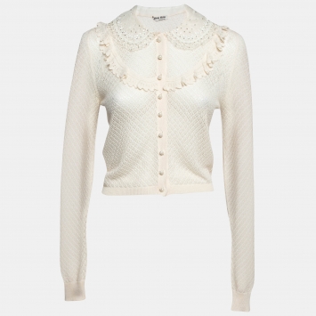 Pre Owned Miu Miu Cream Embellished Collar Crochet Cardigan S