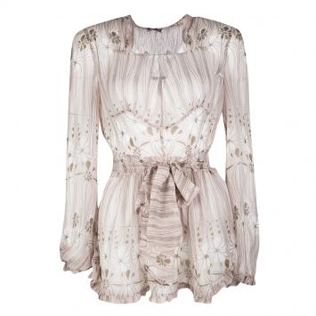 Pre Owned Miu Miu Pale Pink Floral Print Tie Detail Ruffled Silk Top S