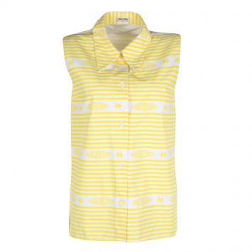 Pre Owned Miu Miu Yellow and White Striped Aztec Print  Sleeveless Cotton Shirt M