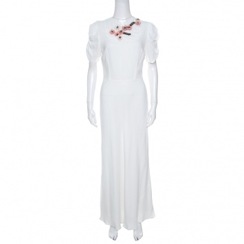 Pre Owned Miu Miu White Floral Embellished Neck Ruched Sleeve Dress S