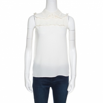 Pre Owned Miu Miu Cream Silk Crepe Pom Pom Ruffle Trim Sleeveless Top S
