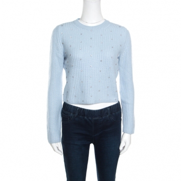 Pre Owned Miu Miu Powder Blue Crystal Embellished Cropped Cashmere Sweater M