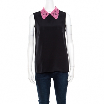 Pre Owned Miu Miu Black Silk Contrast Lace Collar Sleeveless Boxy Blouse S