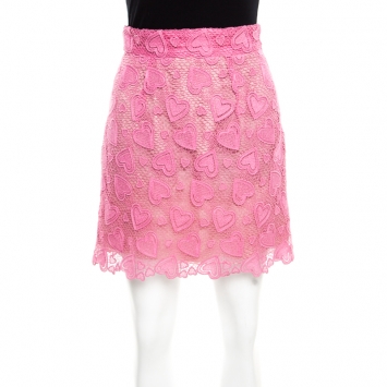 Pre Owned Miu Miu Petal Pink Heart Motif Cotton Lace Scalloped Mini Skirt S