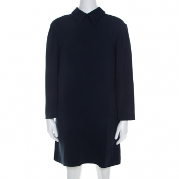 Pre Owned Miu Miu Navy Blue Crepe Long Sleeve Shift Dress S