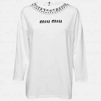 Pre Owned Miu Miu White Jersey Embellished Collar Logo Print Long-Sleeve T-Shirt M