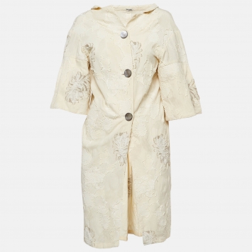 Pre Owned Miu Miu Cream Textured Floral Jacquard Buttoned Mini Shirt Dress M