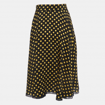 Pre Owned Miu Miu Black Dotted Silk Lace Trimmed Midi Skirt M