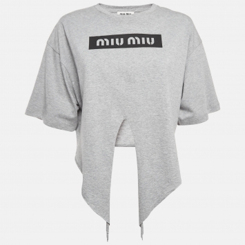 Pre Owned Miu Miu Grey Logo Print Cotton Knotted Crop Top M