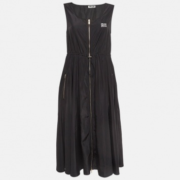 Pre Owned Miu Miu Black Logo Print Synthetic Zip-Up Midi Dress M