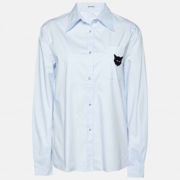 Pre Owned Miu Miu Blue Cotton Cat Appliqued Long Sleeve Shirt S