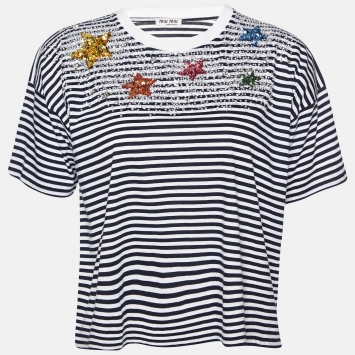 Pre Owned Miu Miu Monochrome Striped Cotton Embellished T-Shirt M