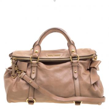 Pre Owned Miu Miu Beige Leather Bow Top Handle Bag