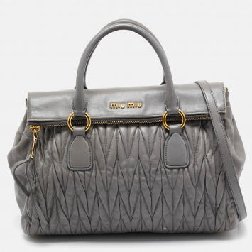 Pre Owned Miu Miu Grey Matelassé Leather Flap Satchel