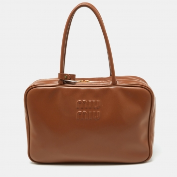 Pre Owned Miu Miu Brown Leather Zip Boston Bag