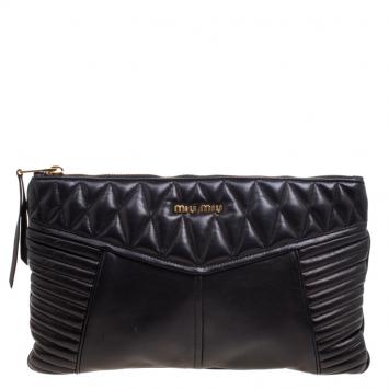 Pre Owned Miu Miu Black Quilted Leather Biker Zip Clutch