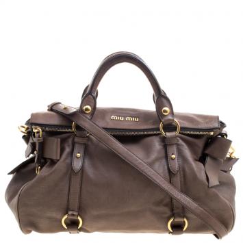 Pre Owned Miu Miu Dark Beige Leather Bow Top Handle Bag