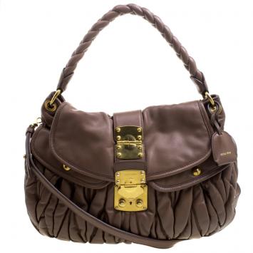Pre Owned Miu Miu Brown Matelasse Lux Leather Coffer Hobo