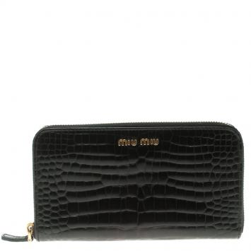 Pre Owned Miu Miu Black Croc Embossed Leather Zip Around Wallet