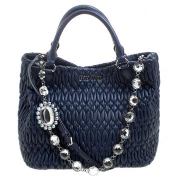 Pre Owned Miu Miu Blue Matelasse Leather Swarovski Crystal Convertible Tote
